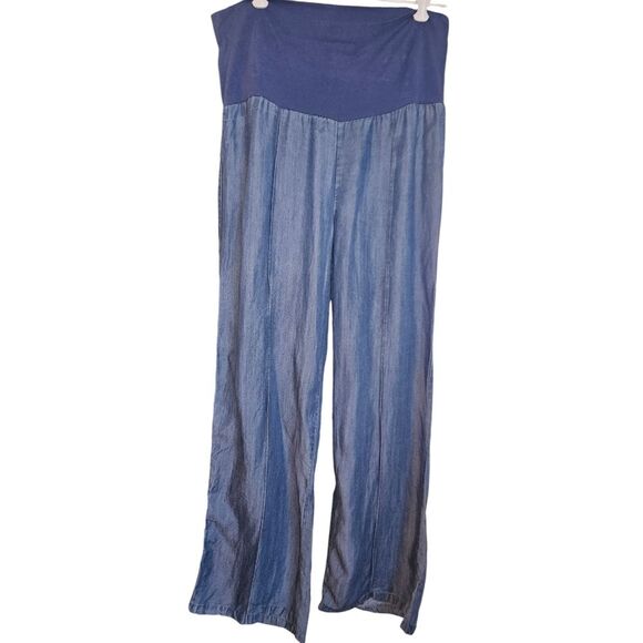 Just Living Pants - Just Living Maternity Stretch Full Panel Wide Leg Blue Boho Retro Style M Medium